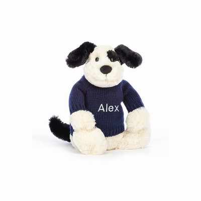 Jellycat Bashful Black & Cream Puppy with Navy Jumper | KE7264509